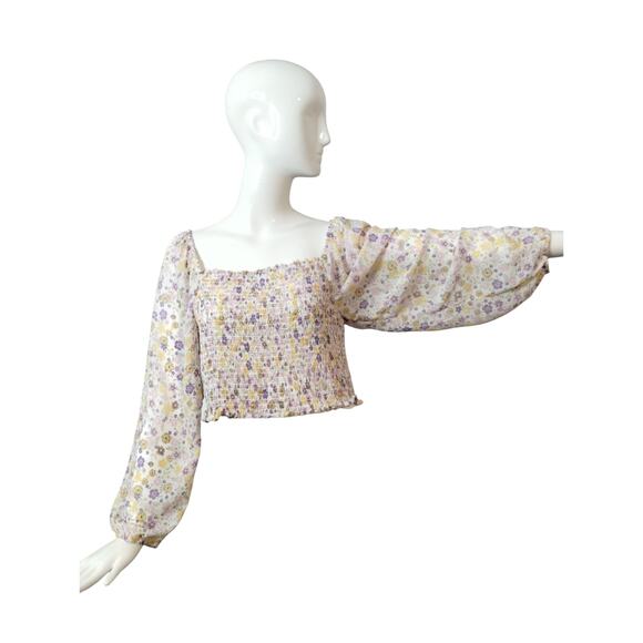 Love Tree Women's Size Large Floral Crop  Smocked Square Neck Summer Boho Top - Picture 6 of 12